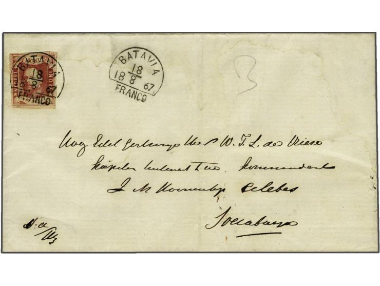 10 cent wijnrood op vouwbrief van Batavia 18-8-1867 naar Soerabaja, vrijwel pracht ex. (zegel linksonder net geraakt en brief