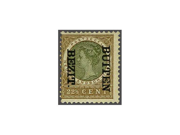Buiten Bezit 22½ cent bruin en olijf met variëteit opdruk kopstaand, vrijwel pracht ex. (gom niet in originele staat) met cer