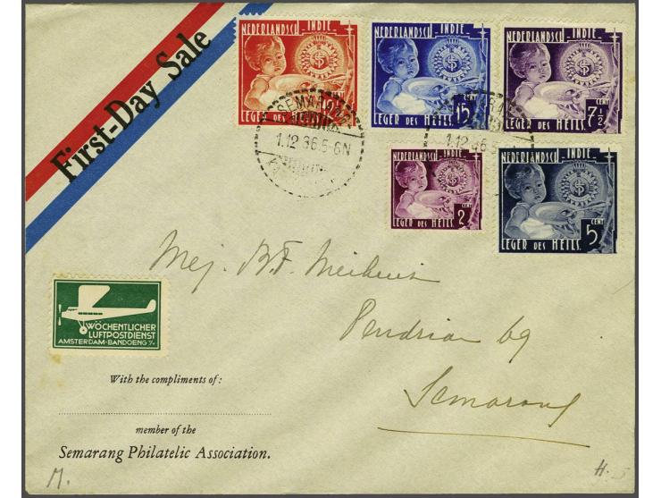 Leger des Heils 2 cent t/m 15 cent op speciale envelop Semarang Philatelic Association met Nederlandse vlag en tekst First-Da