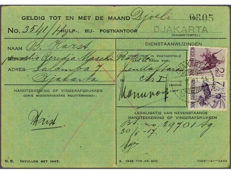 Danser 2 1/2 en 7 1/2 cent op controle-kaart (identiteitskaart) PTT Djakarta 07-07-03, pracht ex.