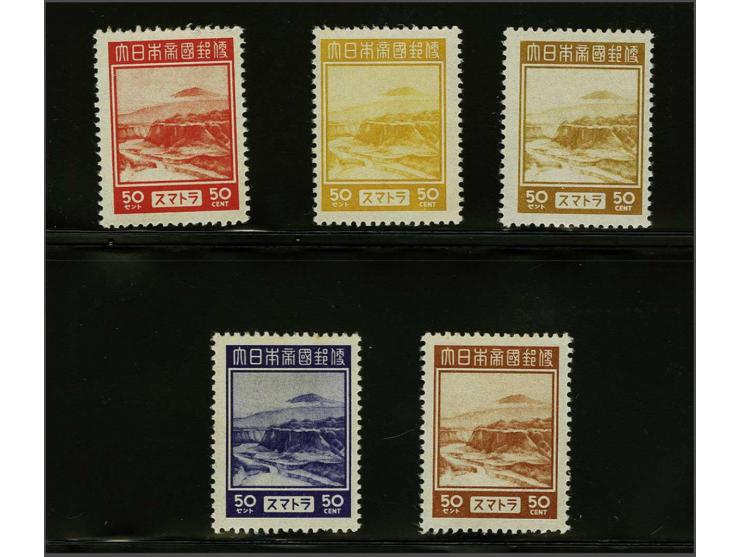 Proeven 50 cent definitief getand in 5 verschillende kleuren, pracht ex., cat.w. 150