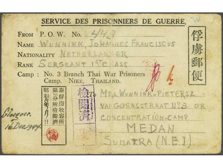 Gecensureerde POW-kaart uit Nike Kamp, Thailand, naar Indië, fraai ex. (vouw)