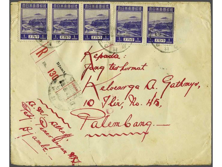 Bezettingsserie 1 Roepiah (5x) op R-envelop Djambi 29-3-47 naar Palembang 3-6-47, mogelijk zegel verwijderd echter juist gefr