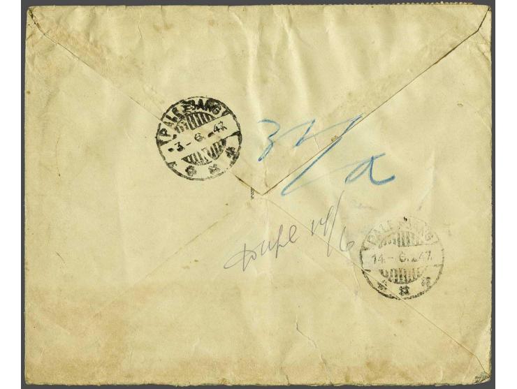 Bezettingsserie 1 Roepiah (5x) op R-envelop Djambi 29-3-47 naar Palembang 3-6-47, mogelijk zegel verwijderd echter juist gefr