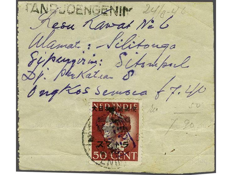 Opdruk Rep. Indonesia en 92z op 50 cent Van Konijnenburg op ontvangstbewijs postwissel, langstempel Tandjoengenim en idem lan