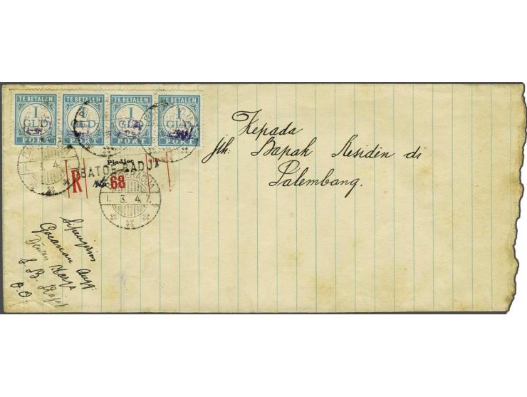 1 gulden port met ondefinieerbare opdruk in violet in strip van 4 op handgemaakte envelop, aangetekend Batoeradja 1-3-47 naar