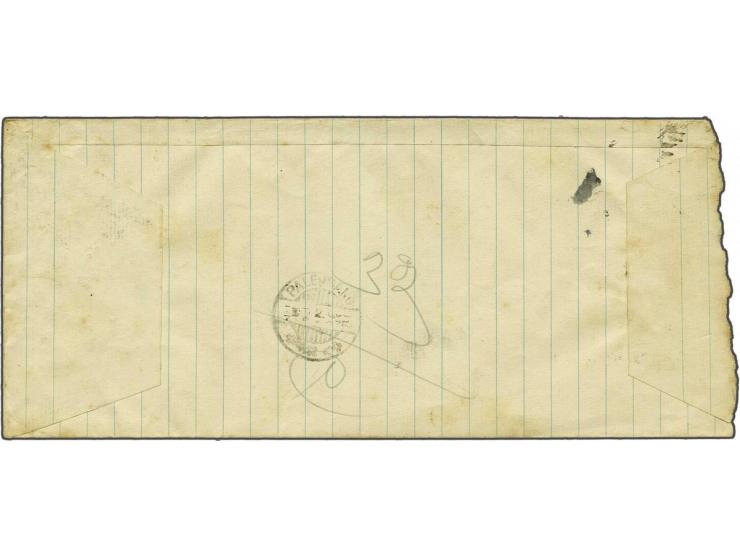 1 gulden port met ondefinieerbare opdruk in violet in strip van 4 op handgemaakte envelop, aangetekend Batoeradja 1-3-47 naar