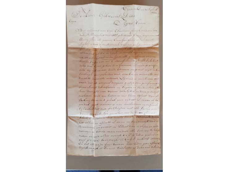 Complete handelsbrief van Curaçao 11-9-1754 via Texel en Amsterdam naar Dordrecht met onduidelijke afdruk van het 6-stuiverst