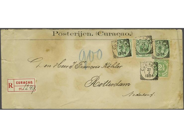 Cijfer 2½ cent groen en Hangend Haar 12½ cent geelgroen op aangetekende per KWIM vervoerde envelop van Curaçao 27-2-1894 naar