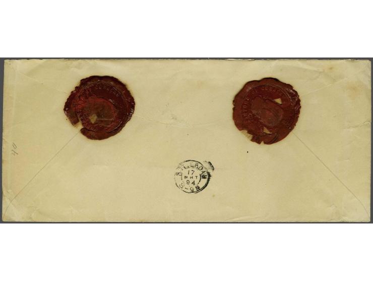 Cijfer 2½ cent groen en Hangend Haar 12½ cent geelgroen op aangetekende per KWIM vervoerde envelop van Curaçao 27-2-1894 naar