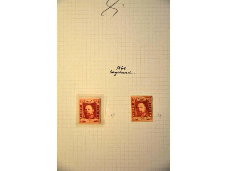 emissies 1864 en 1868, collectie w.b. nr. 1 (37x w.b. 2 ongebruikte ex., 4 paren, strip van 3, 1 poststuk en enkele halfrond-