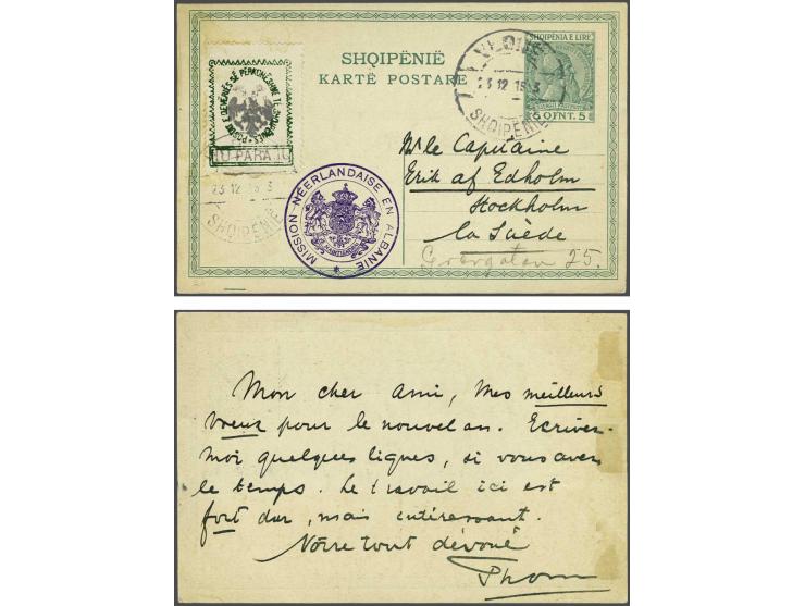 I.C.C. Dutch Mission. Independence 10 para green on 5 qint Skanderbeg postal stationery from Vlone 23-12-1913 to Stockholm (S