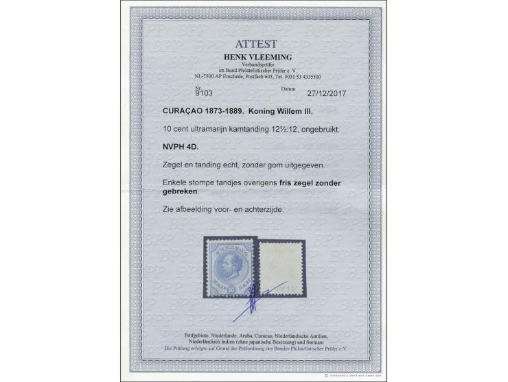 Willem III 10 cent ultramarijn tanding 12½ x 12, pracht ex. met certificaat Vleeming 2017: enkele stompe tandjes overigens fr
