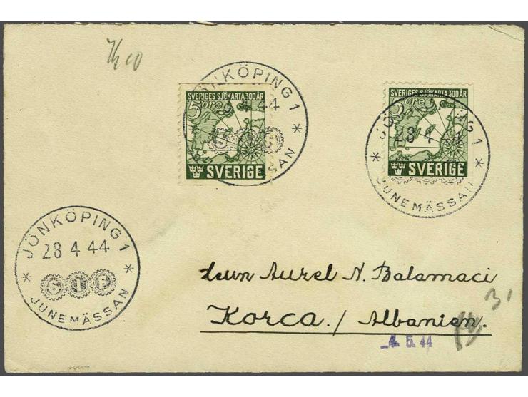 German Occupation 1943-1944. Censored cover from Jönkoping (Sweden) 28-4-1944 to Korce, very fine. Incoming foreign mail to A
