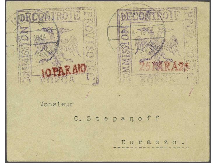 Provisional Issue Korce. Cachets 10 para and 25 para in violet and red on cover 15-4-1914 to Durres, very fine and signed Oro