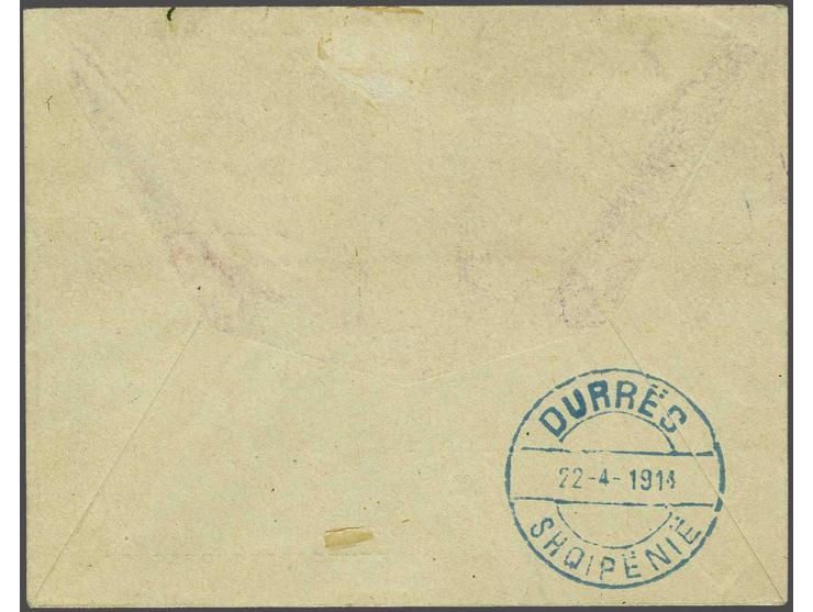 Provisional Issue Korce. Cachets 10 para and 25 para in violet and red on cover 15-4-1914 to Durres, very fine and signed Oro
