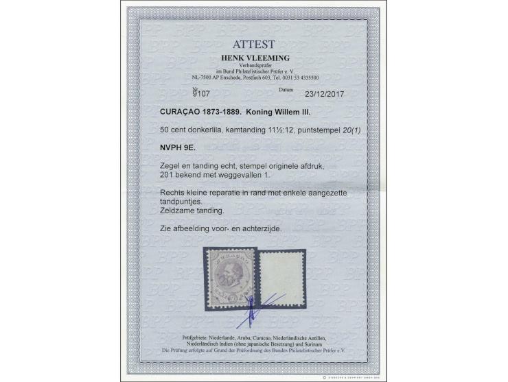 Willem III 50 cent donkerlila tanding 11½ x 12, fraai ex. met certificaat Vleeming 2017: rechts kleine reparatie in rand met 