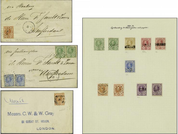 emissie 1873, tandingcollectie gebruikt w.b. betere ex., stempels en 3 poststukken