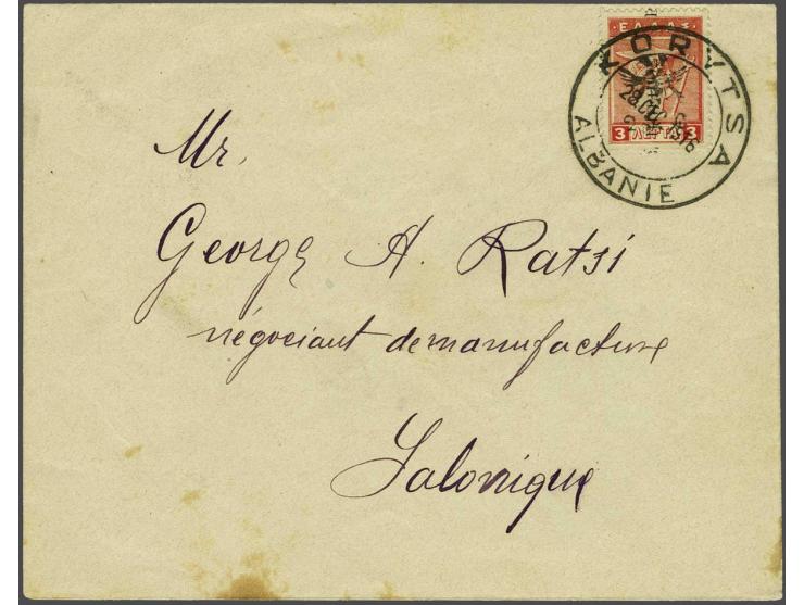 French Administration Korce 1916. 25 centimes on 3 lepta on cover 28-12-1916 to Thessaloniki, fine/very fine (some staines). 