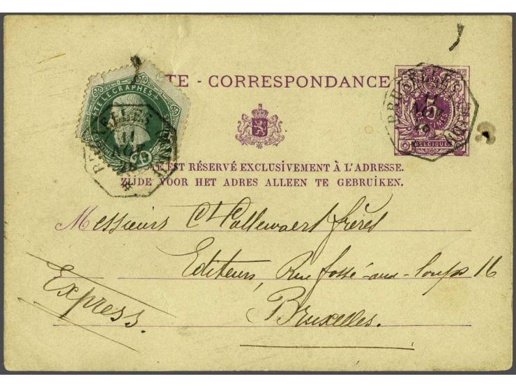 Leopold II 25 centiem groen postaal gebruikt als bijfrankering op expresse-briefkaart lokaal te Brussel 11-11-1876, fraai ex.