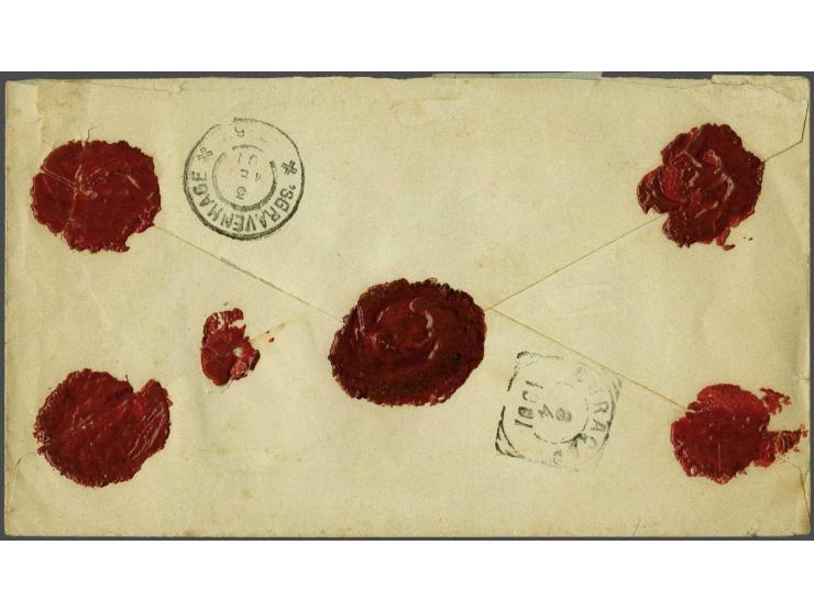 Hangend Haar 15 cent karmijn en 25 cent oranjebruin op aangetekende envelop van 28 gram van Bonaire 7-4-1901 via Curaçao (alw