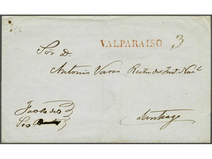 Undated folded letter without contents with the rare straight line cancel Valparaiso and written postage 3 to Santiago, very 