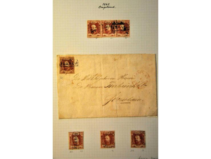 emissies 1864 en 1868, collectie w.b. nr. 1 (37x w.b. 2 ongebruikte ex., 4 paren, strip van 3, 1 poststuk en enkele halfrond-
