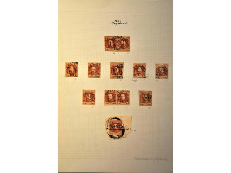 emissies 1864 en 1868, collectie w.b. nr. 1 (37x w.b. 2 ongebruikte ex., 4 paren, strip van 3, 1 poststuk en enkele halfrond-