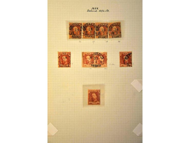 emissies 1864 en 1868, collectie w.b. nr. 1 (37x w.b. 2 ongebruikte ex., 4 paren, strip van 3, 1 poststuk en enkele halfrond-