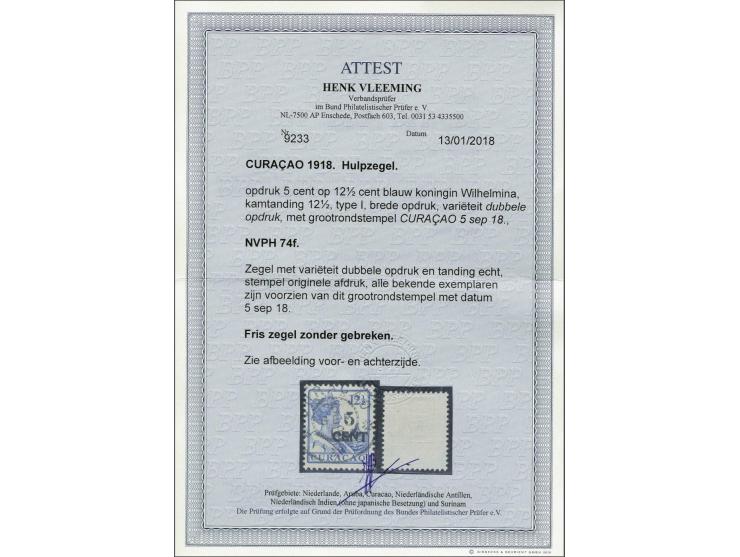 Hulpuitgifte 5 op 12½ cent blauw type I met variëteit dubbele opdruk, pracht ex. met certificaat Vleeming 2018, cat.w. 1750
