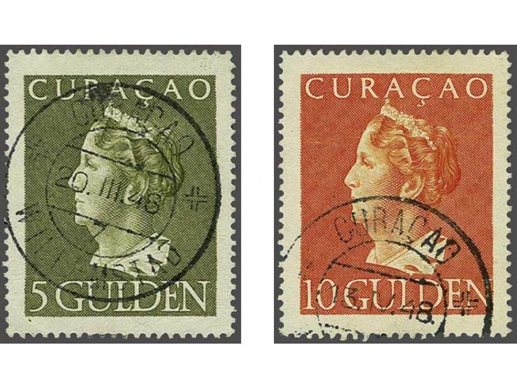 Van Konijnenburg 5 gulden olijfgroen en 10 gulden oranje beide met kortebalkstempel Willemstad 7, pracht ex. (beide zegels li