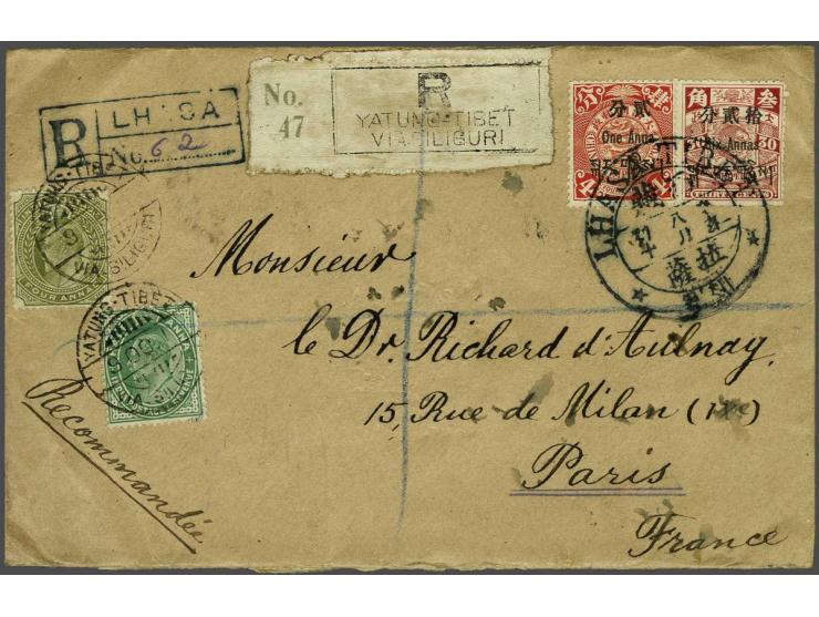1 anna orangered and 6 annas rose on registered cover from Lhasa to Yatung 9-10-1911 where the cover was re-registered and In
