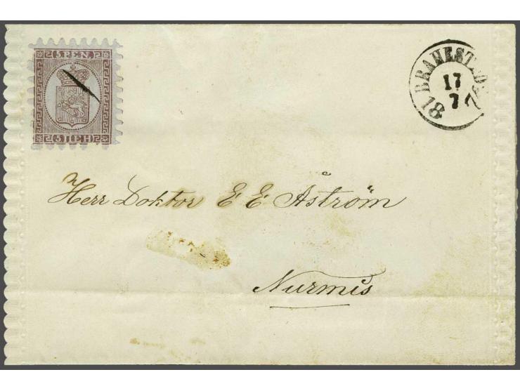 5 pennii brown on laid paper on wrapper from Brahestad 17-7-1874 to Nurmis, fine/very fine (some short perfs) Rare stamp on c