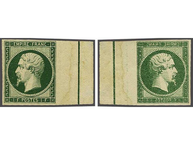 Essay Napoleon III 1 franc in green, printed on both sides (mirror print at reverse), with complete sheet margin, very fine w