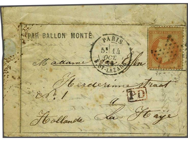 Napoleon III 40 centimes orange on lettersheet  from Paris 14-10-1870 per Ballon Monté Jules Favre No. 1 via Chimay in Belgiu