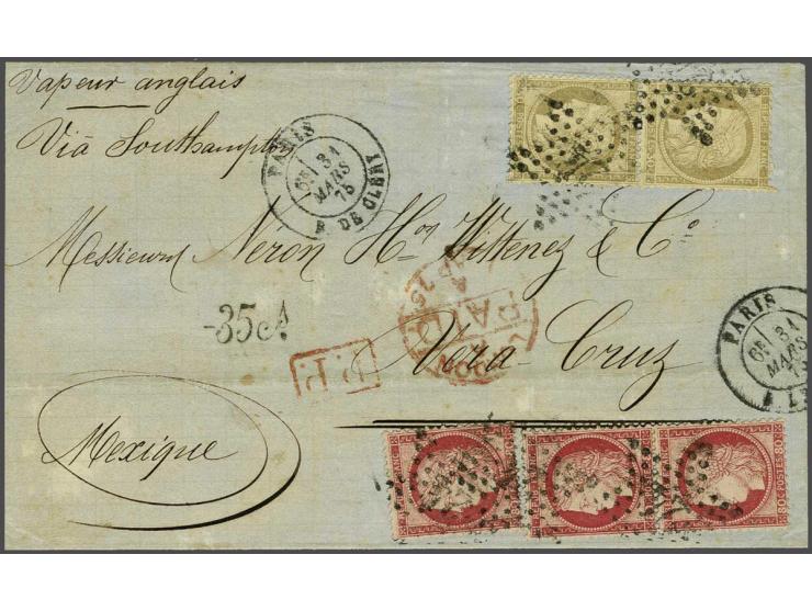 Cérès 30 centimes brown (vertical pair, one stamp 2 perfs missing) and 80 centimes rose (3x including vertical pair) on cover