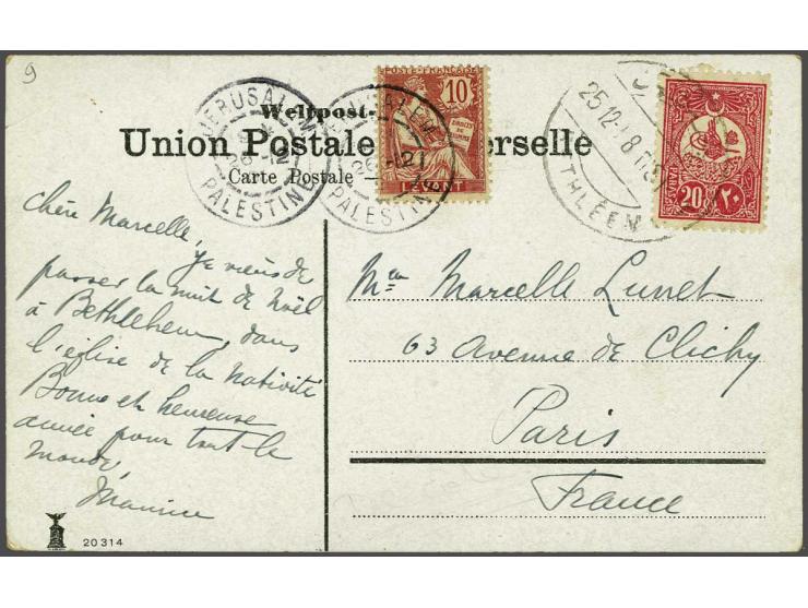 Picture postcard (Bethlehem Market) with Turkey 20 para cancelled Bethléem 25-12-1908 and French Levant 10 c. cancelled Jerus