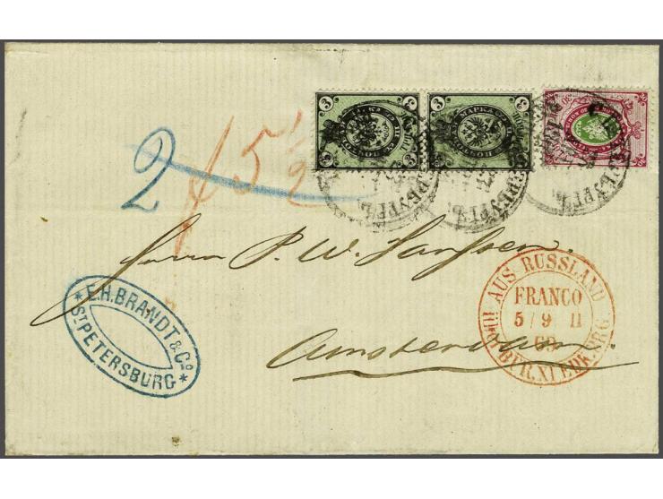 Coat of Arms 3 kopeke green and black (2x) and 30 kopeke green and rose on folded letter without content from  Saint Petersbu