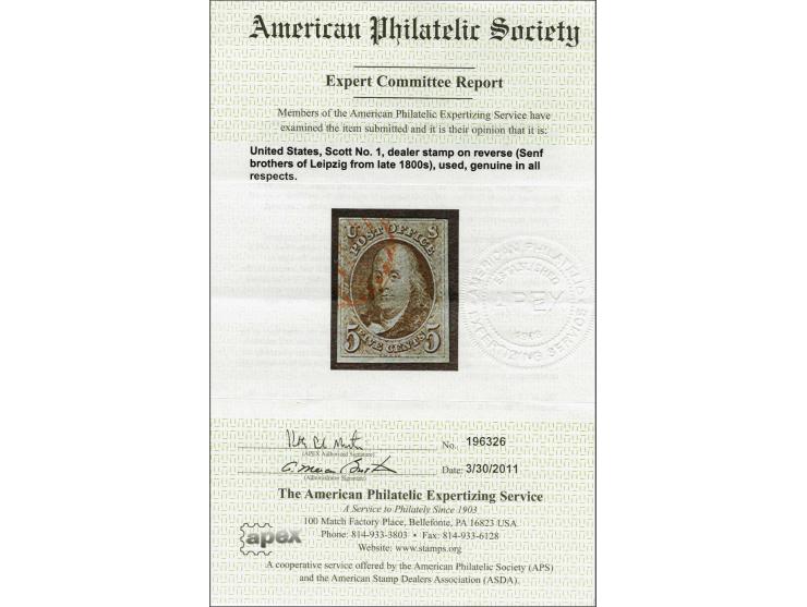 Benjamin Franklin 5 cents red brown with red grid cancellation, fine/very fine with 2011 APS certificate, cat.v. $ 500+