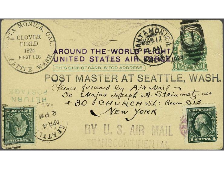 Around the World Flight of 4 US Army Douglas World Cruiser planes in1924. Postal Stationery from Santa Monica 17-3-1924 to Se