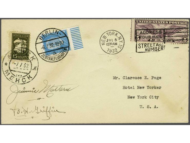Air Mail. Winged Globe 5 cents violet on cover from New York 5-7-1932 to New York. This cover was carried on board of the "Ce