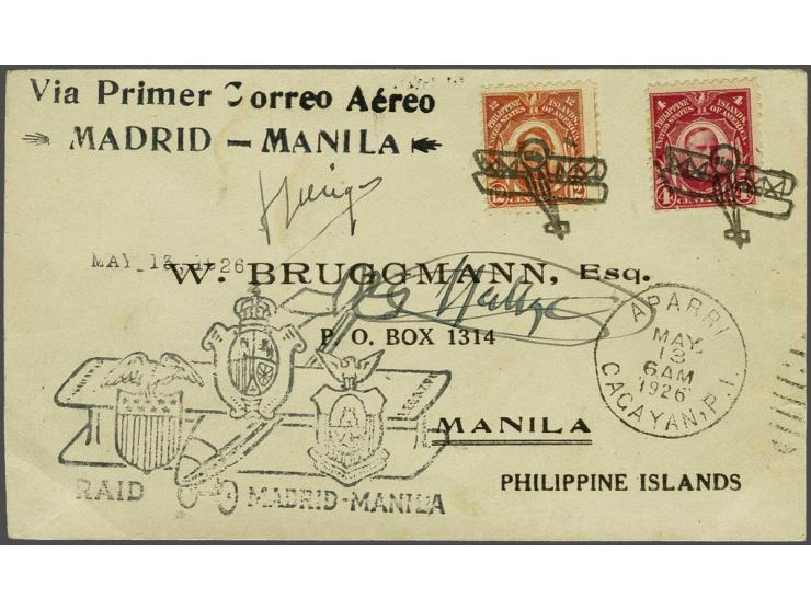First Flight Madrid-Manila by Eduardo Gallarza and Joaquin Loriga 1926. Cover with special cachet in black and the autographs