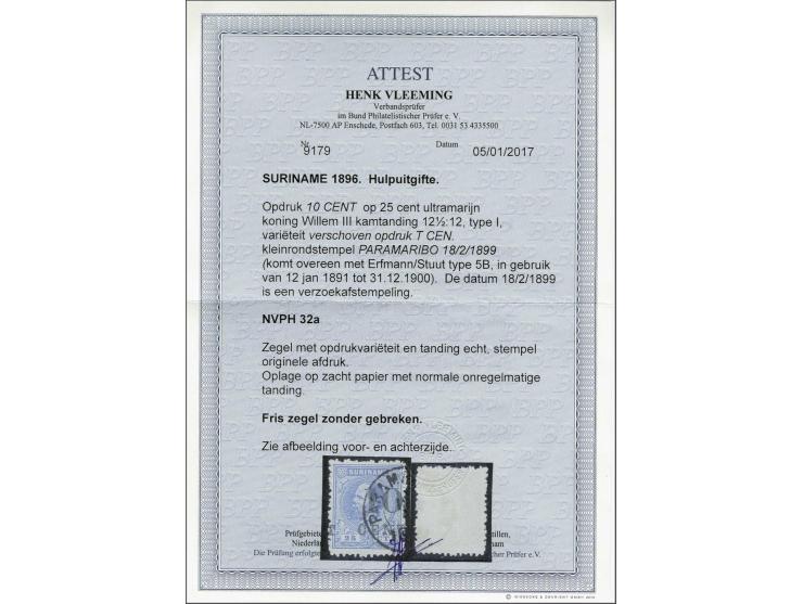 Hulpuitgifte 10 op 25 cent ultramarijn tanding 12½ x 12 type I met variëteit sterk verschoven opdruk, pracht ex. met certific