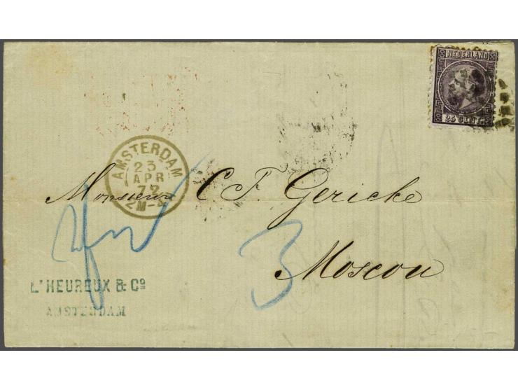 25 cent donkerviolet type I tanding 12¾ x 11¾ op vouwbrief van Amsterdam 27-4-1873 naar Moskou met geschreven port 3 en 2fw i