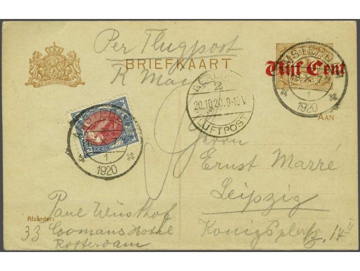 Briefkaart vijf cent op 2 cent, met 15 cent Bontkraag voor luchtrecht, Amsterdam-Leipzig 18.X.1920, trajecten Amsterdam-Breme