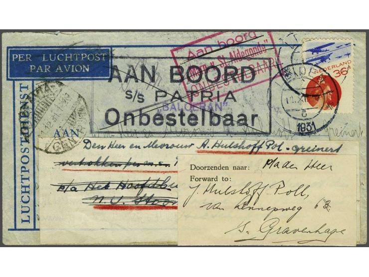 Fotomontage 36 cent op luchtpost envelop Leiden 1931 naar 3 schepen verstuurd (Baloeran, Marnix van St. Aldegonde en Patria) 