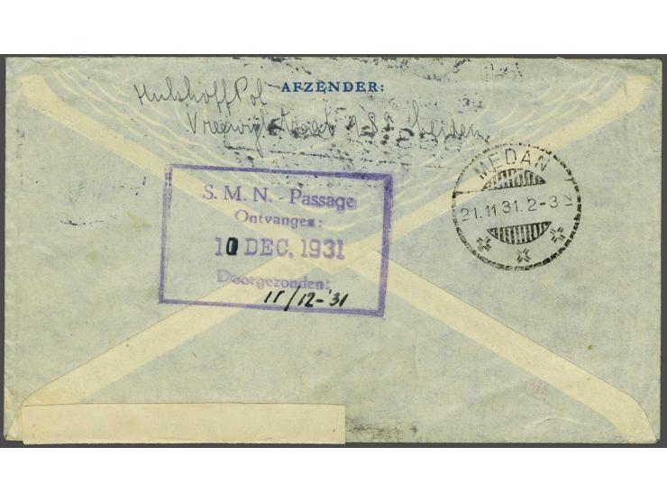 Fotomontage 36 cent op luchtpost envelop Leiden 1931 naar 3 schepen verstuurd (Baloeran, Marnix van St. Aldegonde en Patria) 