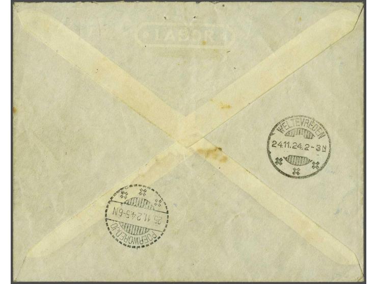 Vliegtocht Nederland - Indië door Van der Hoop. Envelop w.b. luchtrecht voldaan met 2 paartjes Jubileum 1923 2½ gulden en bij