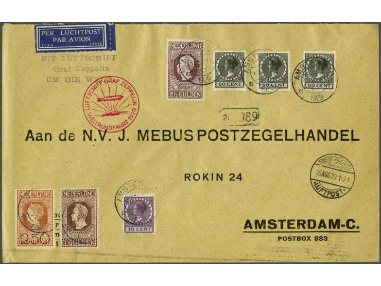 Verdragstatenpost Wereldrondvlucht Graf Zeppelin 1929. Grootformaat envelop Amsterdam 18-7-1929 gefrankeerd met o.a. nrs. 98,