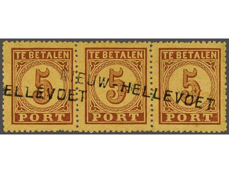 5 cent bruin op oranje type B in strip van 3 met volledig langstempel Nieuw-Hellevoet (door Van Unen niet gemeld), pracht ex.